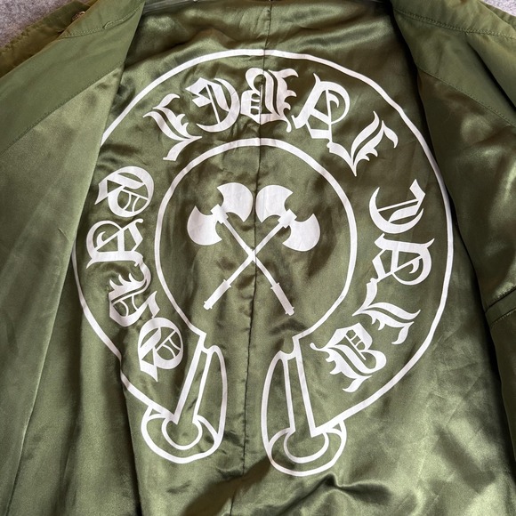 Canvas Bomber Jacket Mens 3XL Green Skull Guns Graphic Biker Goth - Picture 10 of 12